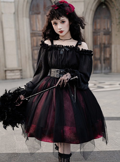 Solid Color Two-Wear Off-The-Shoulder Lantern Sleeve Metal Chain Waistband Irregular Hem Gothic Lolita Long-Sleeved Dress