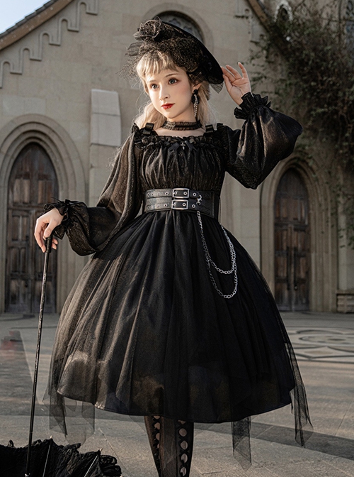 Solid Color Two-Wear Off-The-Shoulder Lantern Sleeve Metal Chain Waistband Irregular Hem Gothic Lolita Long-Sleeved Dress