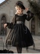 Solid Color Two-Wear Off-The-Shoulder Lantern Sleeve Metal Chain Waistband Irregular Hem Gothic Lolita Long-Sleeved Dress