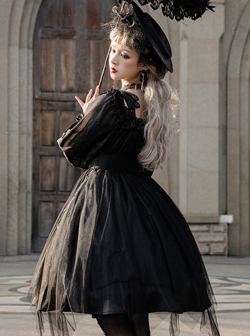 Solid Color Two-Wear Off-The-Shoulder Lantern Sleeve Metal Chain Waistband Irregular Hem Gothic Lolita Long-Sleeved Dress