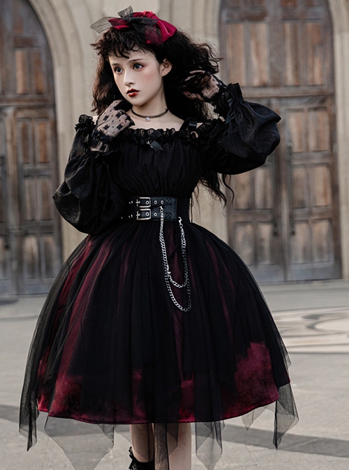 Solid Color Two-Wear Off-The-Shoulder Lantern Sleeve Metal Chain Waistband Irregular Hem Gothic Lolita Long-Sleeved Dress