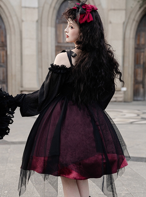 Solid Color Two-Wear Off-The-Shoulder Lantern Sleeve Metal Chain Waistband Irregular Hem Gothic Lolita Long-Sleeved Dress