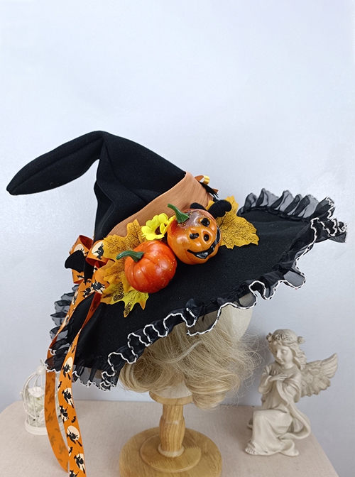 Halloween Spire Leaves Pumpkin Bat Wings Bow Decoration Gothic Lolita Kids Adult Witch Hat