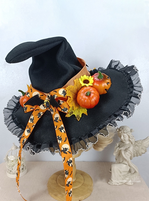 Halloween Spire Leaves Pumpkin Bat Wings Bow Decoration Gothic Lolita Kids Adult Witch Hat