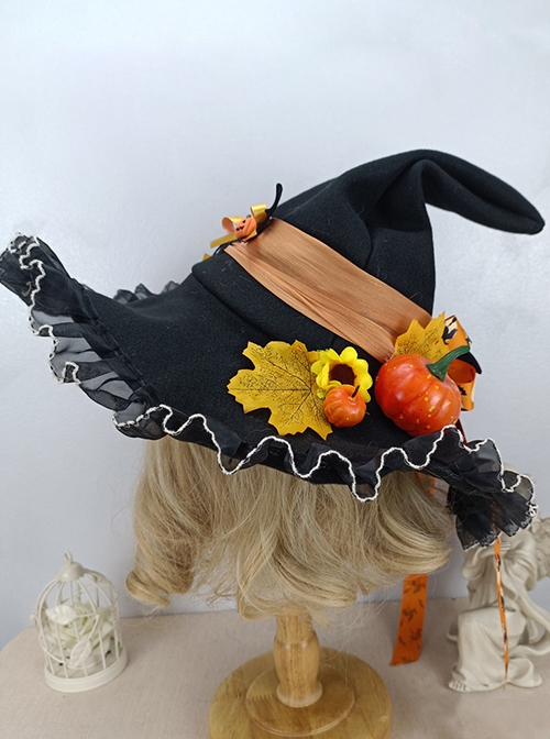 Halloween Spire Leaves Pumpkin Bat Wings Bow Decoration Gothic Lolita Kids Adult Witch Hat