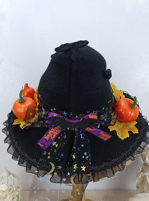 Halloween Spire Leaves Pumpkin Bat Wings Bow Decoration Gothic Lolita Kids Adult Witch Hat