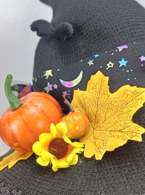 Halloween Spire Leaves Pumpkin Bat Wings Bow Decoration Gothic Lolita Kids Adult Witch Hat