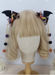 Bat Wing Print Bow Pumpkin Decorative Hairball Pendant Detachable Halloween Gothic Lolita Hair Clip