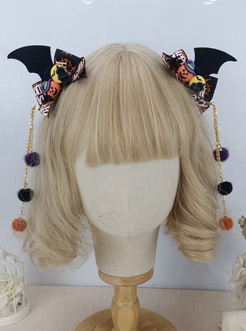 Bat Wing Print Bow Pumpkin Decorative Hairball Pendant Detachable Halloween Gothic Lolita Hair Clip