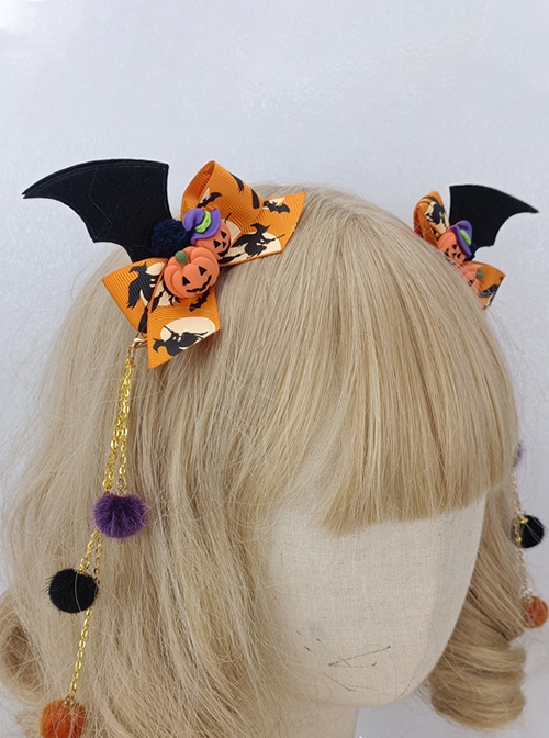 Bat Wing Print Bow Pumpkin Decorative Hairball Pendant Detachable Halloween Gothic Lolita Hair Clip