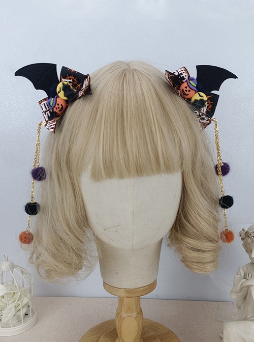 Bat Wing Print Bow Pumpkin Decorative Hairball Pendant Detachable Halloween Gothic Lolita Hair Clip