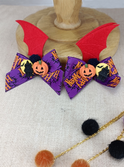 Bat Wing Print Bow Pumpkin Decorative Hairball Pendant Detachable Halloween Gothic Lolita Hair Clip