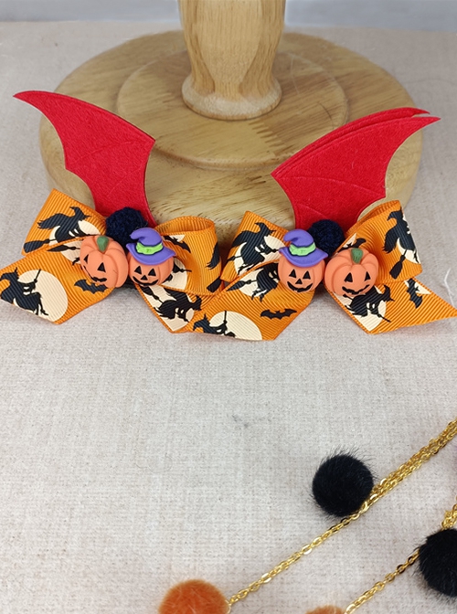 Bat Wing Print Bow Pumpkin Decorative Hairball Pendant Detachable Halloween Gothic Lolita Hair Clip