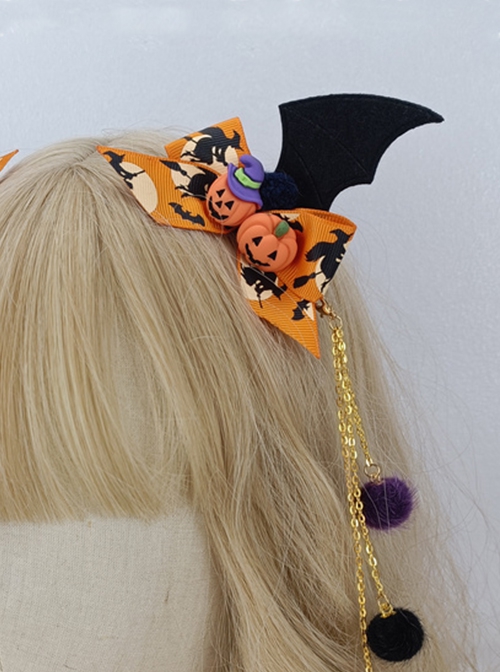 Bat Wing Print Bow Pumpkin Decorative Hairball Pendant Detachable Halloween Gothic Lolita Hair Clip