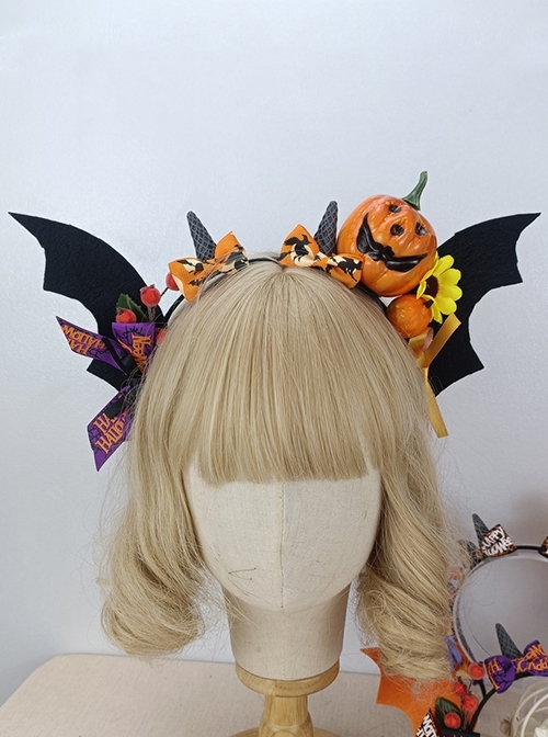 Halloween Devil Horned Bat Wings Cute Pumpkin Head Print Bow Gothic Lolita Headband