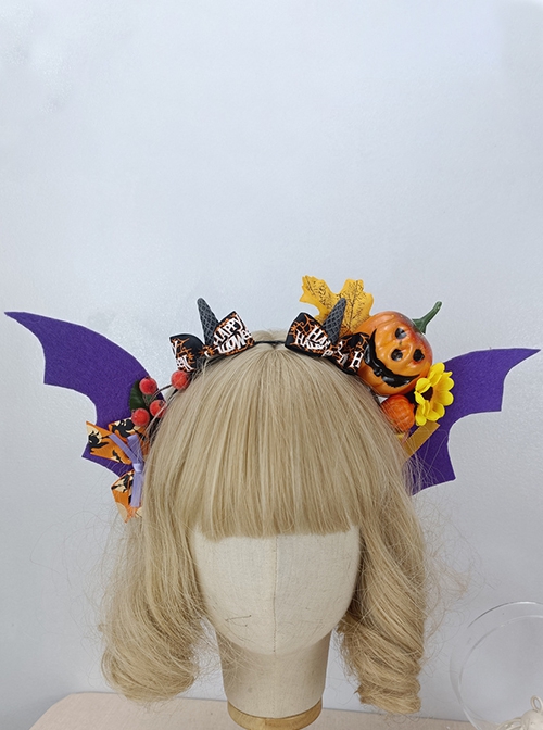 Halloween Devil Horned Bat Wings Cute Pumpkin Head Print Bow Gothic Lolita Headband