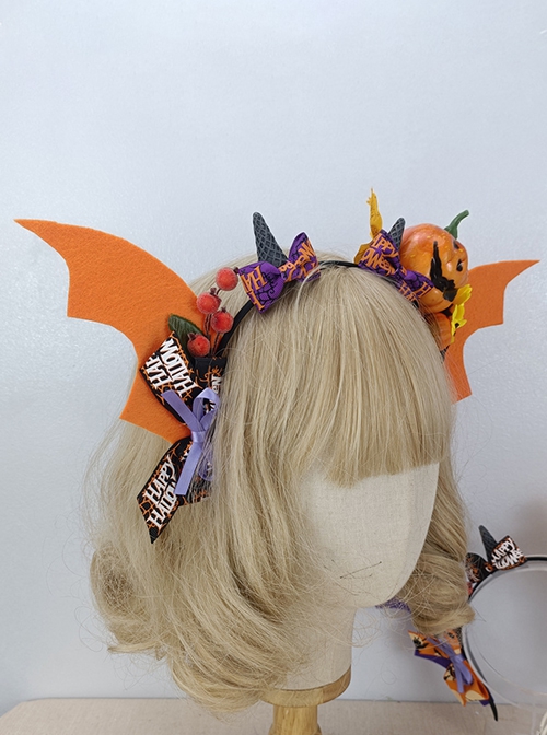 Halloween Devil Horned Bat Wings Cute Pumpkin Head Print Bow Gothic Lolita Headband