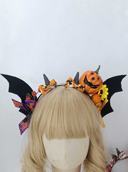 Halloween Devil Horned Bat Wings Cute Pumpkin Head Print Bow Gothic Lolita Headband