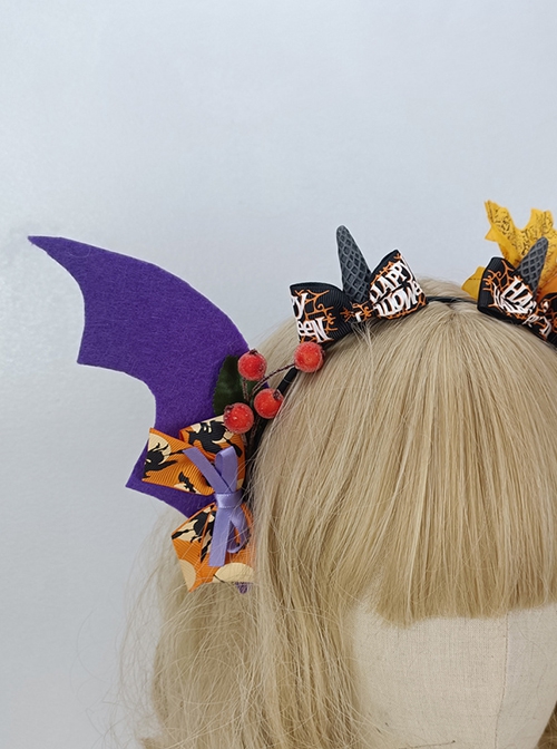 Halloween Devil Horned Bat Wings Cute Pumpkin Head Print Bow Gothic Lolita Headband