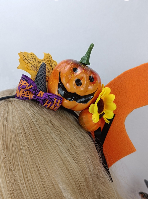 Halloween Devil Horned Bat Wings Cute Pumpkin Head Print Bow Gothic Lolita Headband