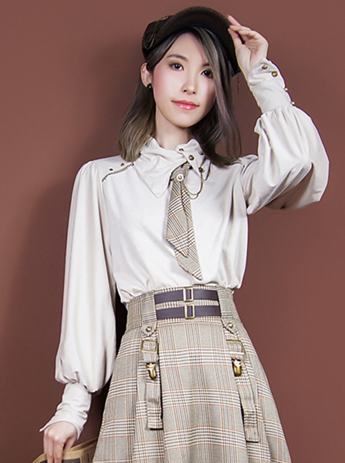 Solid Color Asymmetrical High Slanted Neckline Design Lantern Sleeves Check Tie Punk Long-Sleeved Shirt