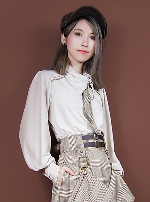 Solid Color Asymmetrical High Slanted Neckline Design Lantern Sleeves Check Tie Punk Long-Sleeved Shirt