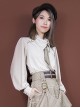 Solid Color Asymmetrical High Slanted Neckline Design Lantern Sleeves Check Tie Punk Long-Sleeved Shirt