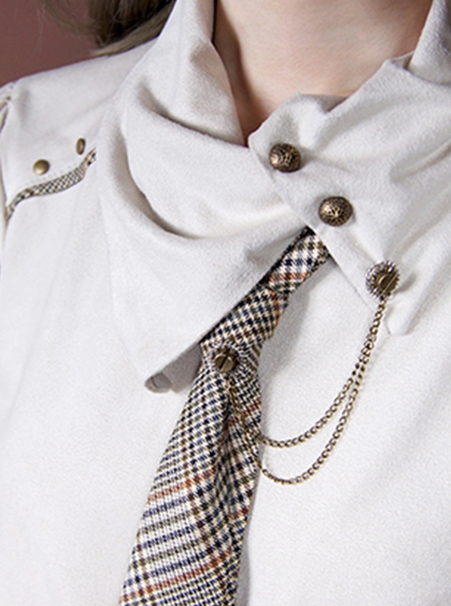 Solid Color Asymmetrical High Slanted Neckline Design Lantern Sleeves Check Tie Punk Long-Sleeved Shirt