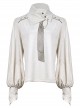 Solid Color Asymmetrical High Slanted Neckline Design Lantern Sleeves Check Tie Punk Long-Sleeved Shirt