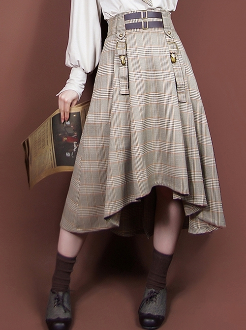 Retro Punk British College Style Irregular Hem Design Metal Decoration Lattice Midi Skirt