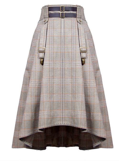 Retro Punk British College Style Irregular Hem Design Metal Decoration Lattice Midi Skirt