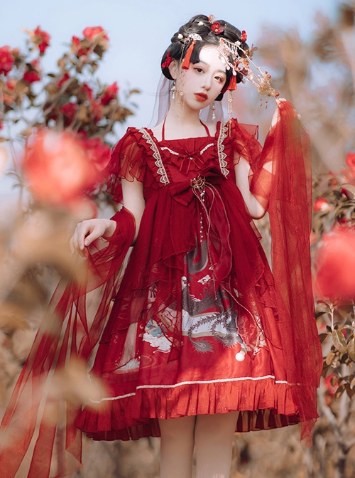 Mountain River Roll Series Chinese Style Summer Artistic Conception Print Lace Bowknot Decorative Red Classic Lolita Dress