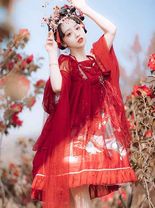 Mountain River Roll Series Chinese Style Summer Artistic Conception Print Lace Bowknot Decorative Red Classic Lolita Dress