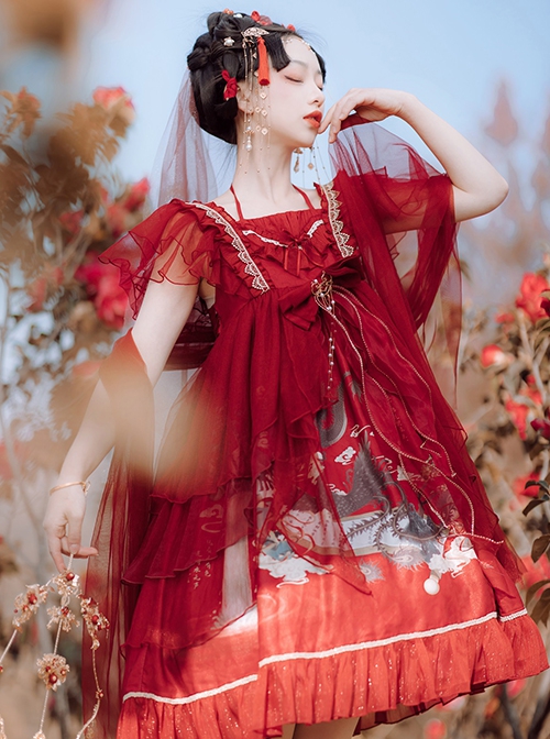 Mountain River Roll Series Chinese Style Summer Artistic Conception Print Lace Bowknot Decorative Red Classic Lolita Dress