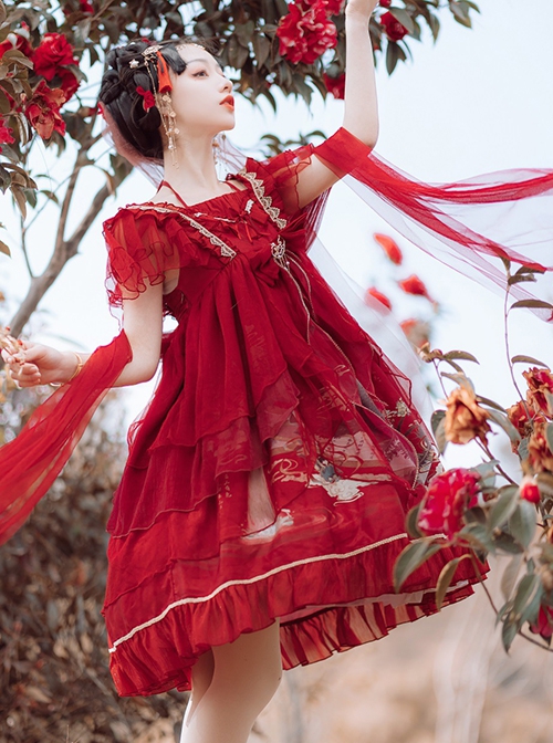 Mountain River Roll Series Chinese Style Summer Artistic Conception Print Lace Bowknot Decorative Red Classic Lolita Dress