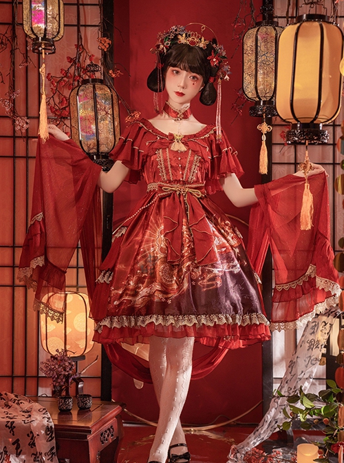 Chinese Style Printed Red Gold Color Lace Ruffled Classic Lolita Short Sleeve Dress