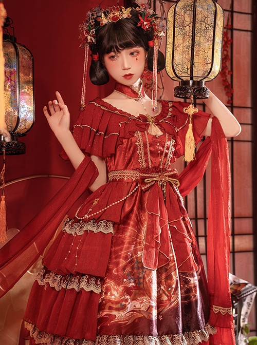 Chinese Style Printed Red Gold Color Lace Ruffled Classic Lolita Short Sleeve Dress