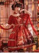 Chinese Style Printed Red Gold Color Lace Ruffled Classic Lolita Short Sleeve Dress