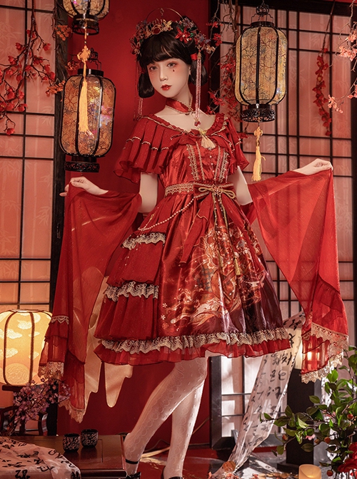 Chinese Style Printed Red Gold Color Lace Ruffled Classic Lolita Short Sleeve Dress