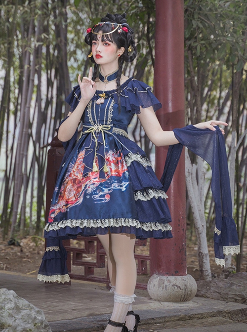 Chinese Style Printed Red Gold Color Lace Ruffled Classic Lolita Short Sleeve Dress