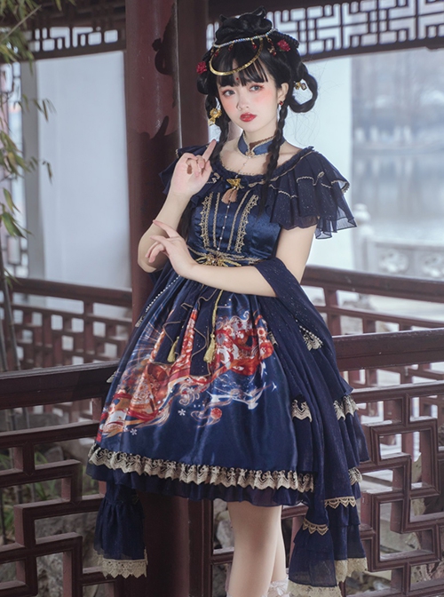 Chinese Style Printed Red Gold Color Lace Ruffled Classic Lolita Short Sleeve Dress