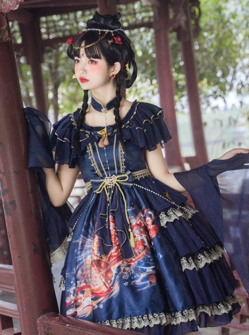 Chinese Style Printed Red Gold Color Lace Ruffled Classic Lolita Short Sleeve Dress