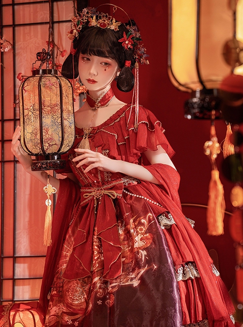 Chinese Style Printed Red Gold Color Lace Ruffled Classic Lolita Short Sleeve Dress