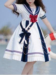 Navy Style Stripe Navy Collar Bow-Knot Detachable School Lolita Short Sleeve Dress