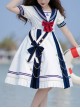 Navy Style Stripe Navy Collar Bow-Knot Detachable School Lolita Short Sleeve Dress