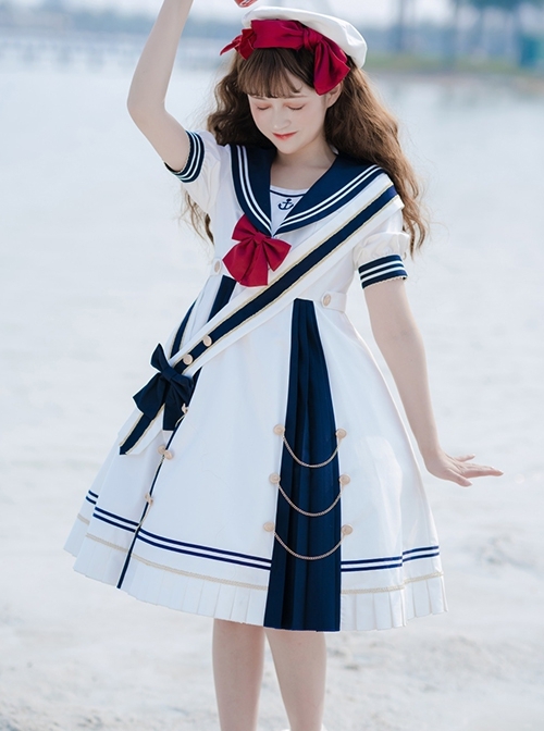Navy Style Stripe Navy Collar Bow-Knot Detachable School Lolita Short Sleeve Dress