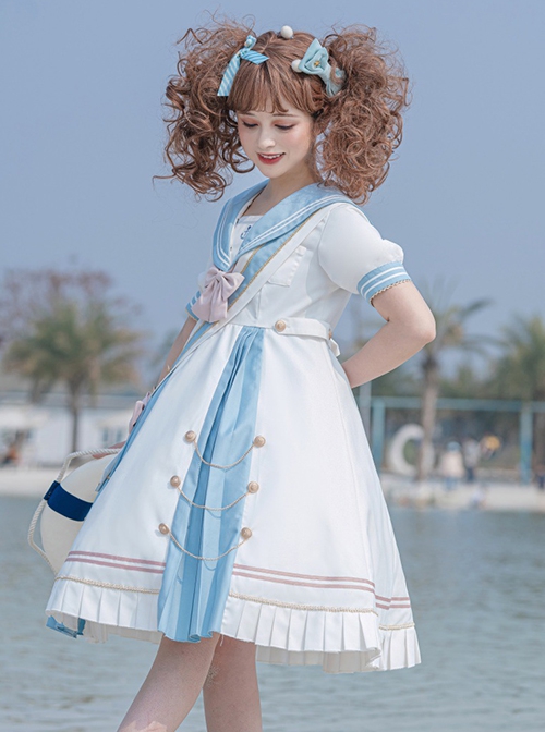 Navy Style Stripe Navy Collar Bow-Knot Detachable School Lolita Short Sleeve Dress