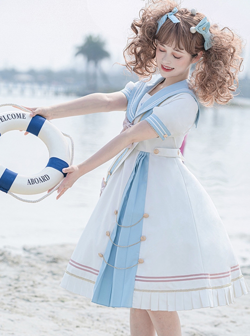 Navy Style Stripe Navy Collar Bow-Knot Detachable School Lolita Short Sleeve Dress