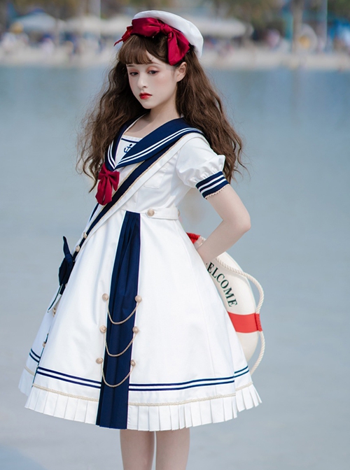 Navy Style Stripe Navy Collar Bow-Knot Detachable School Lolita Short Sleeve Dress