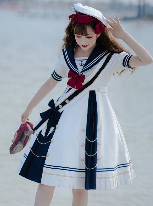 Navy Style Stripe Navy Collar Bow-Knot Detachable School Lolita Short Sleeve Dress